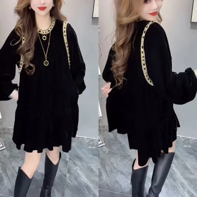 气质常规中裙连衣裙洋气长袖宽松腰韩版