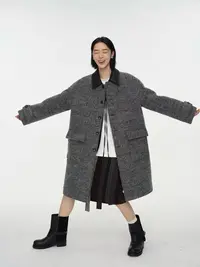 2025秋季新款立体圈圈毛混色毛呢皮领大衣秋冬长款廓形大衣2579