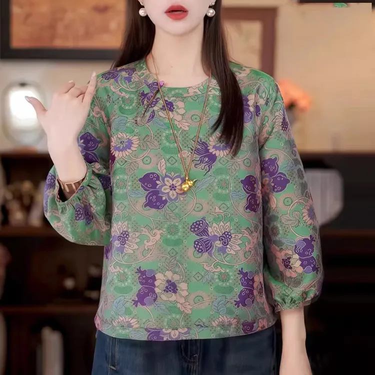 新中式绿色人丝提花七分袖衬衫女2025早秋款国风宽松显瘦唐装上衣