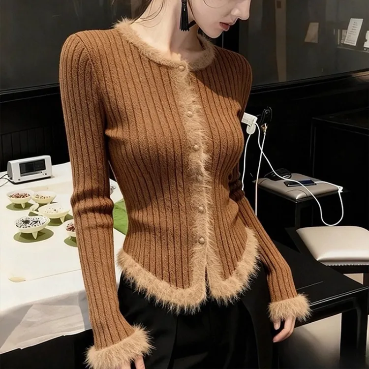 小香风复古咖色长袖针织开衫女2025秋冬新款设计小众气质掐腰上衣