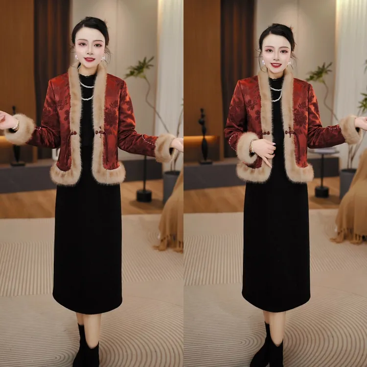 外套+连衣裙 2025冬季新中式带毛领贵气轻奢国风提花套装裙M-4XL