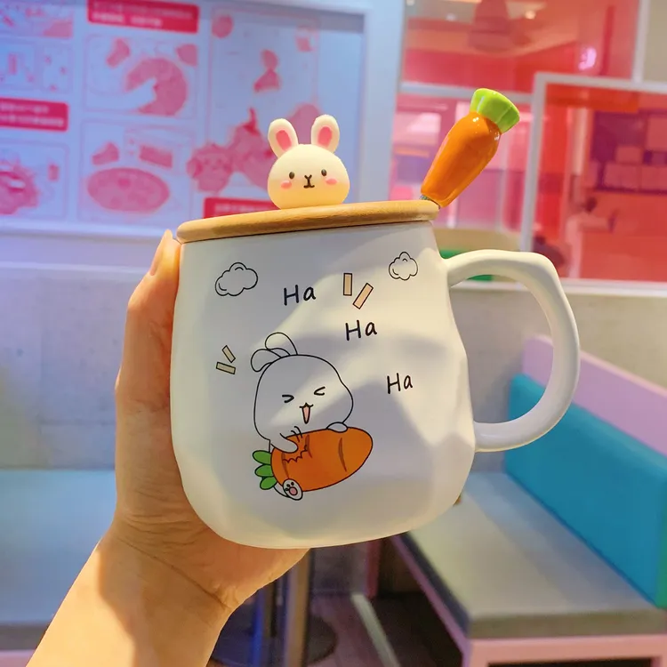 兔子水杯可爱马克杯带盖勺高颜值陶瓷杯子女家用办公室咖啡早餐杯