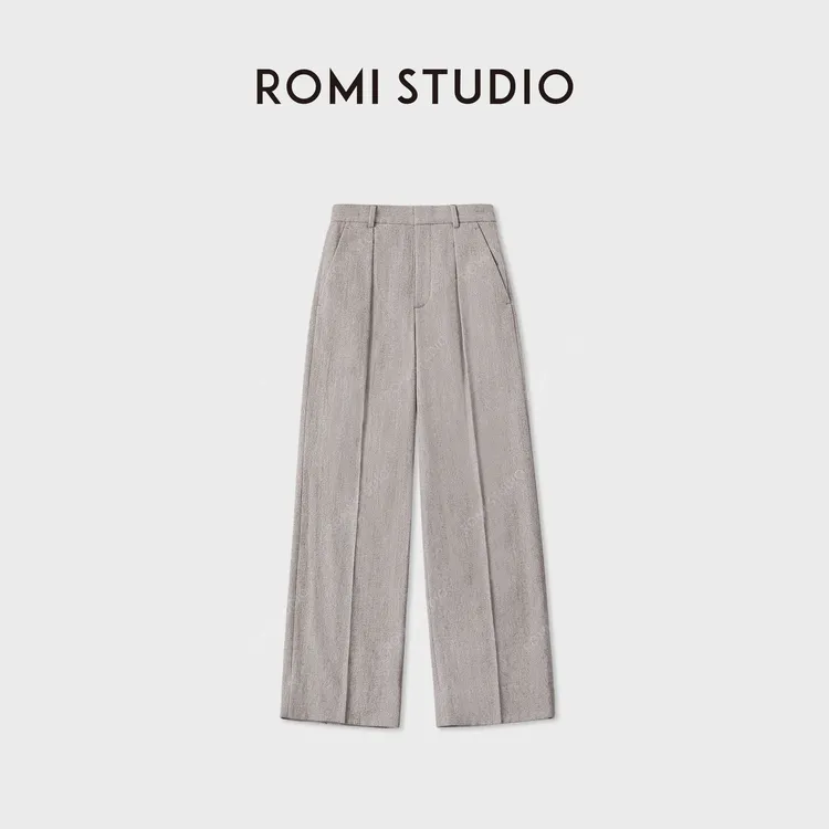 ROMI STUDIO“自我轮廓”羊毛混纺倒褶斜纹极简休闲西裤 RWCWXG5345