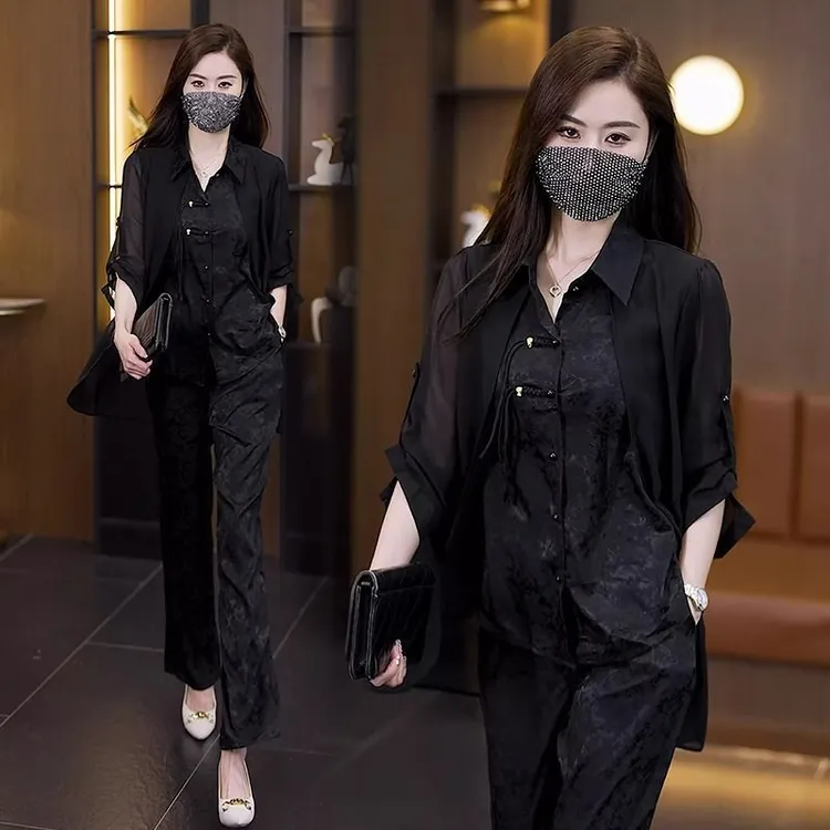 大码复古新中式套装女夏新款胖mm高贵气质假两件衬衫休闲裤两件套