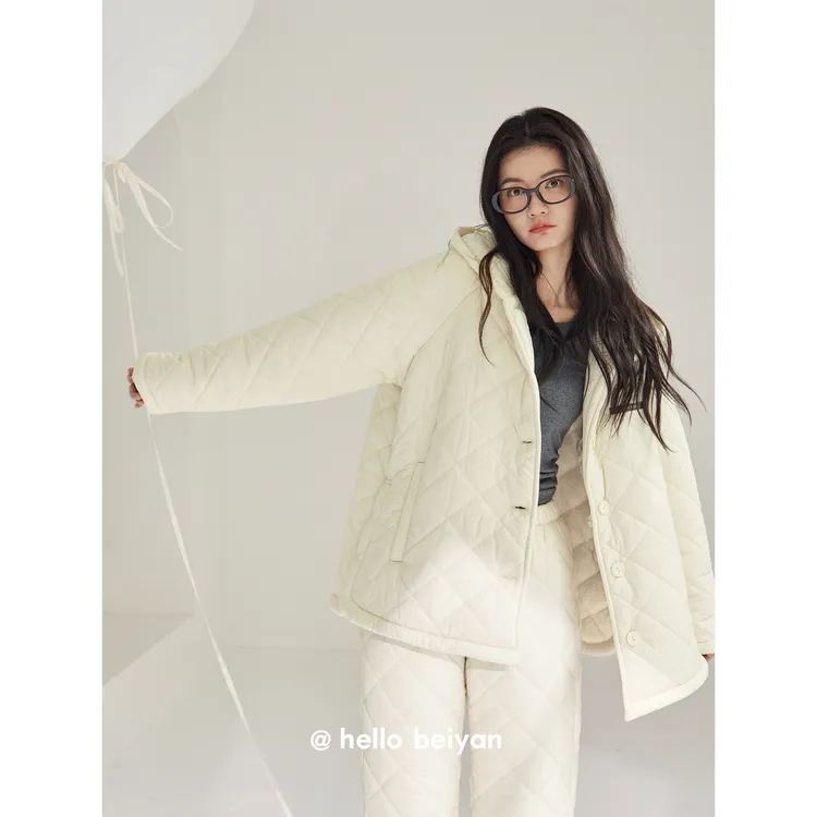 hello beiyan_奶油团子 睡衣女款冬季三层夹棉家居服保暖连帽套装