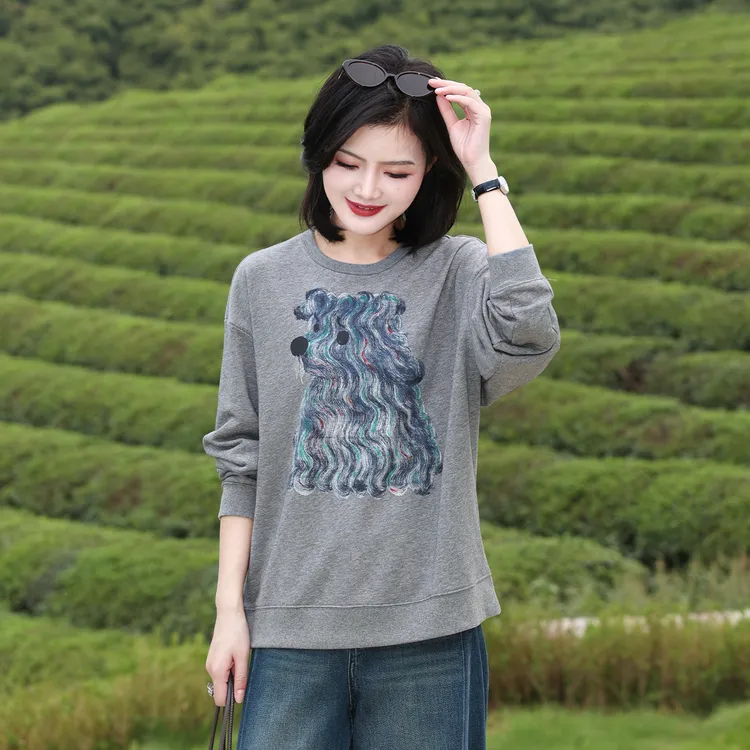 枫竺阿楠anan纯棉圆领潦草小狗印花休闲卫衣出游服饰女秋季上衣