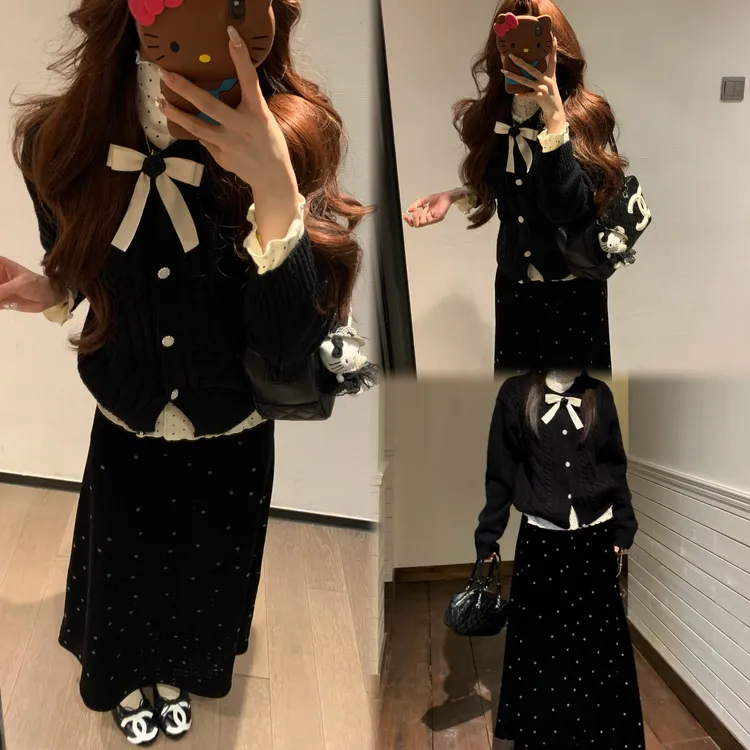 韩系财阀千金风黑针织开衫叠穿半高领磨毛长袖T恤高腰半身裙套装