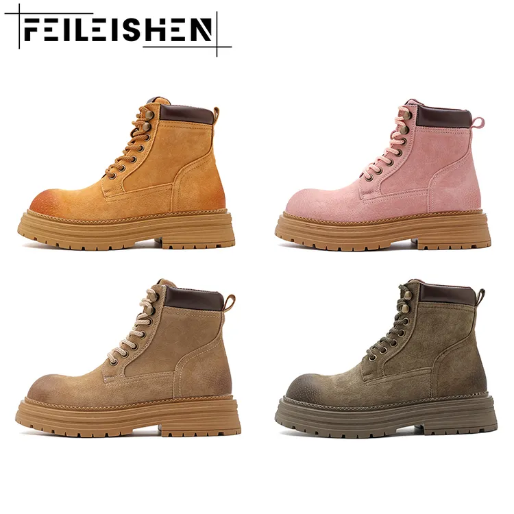 FEILEISHEN 情侣厚底大黄靴男复古英伦风马丁靴户外增高工装靴子
