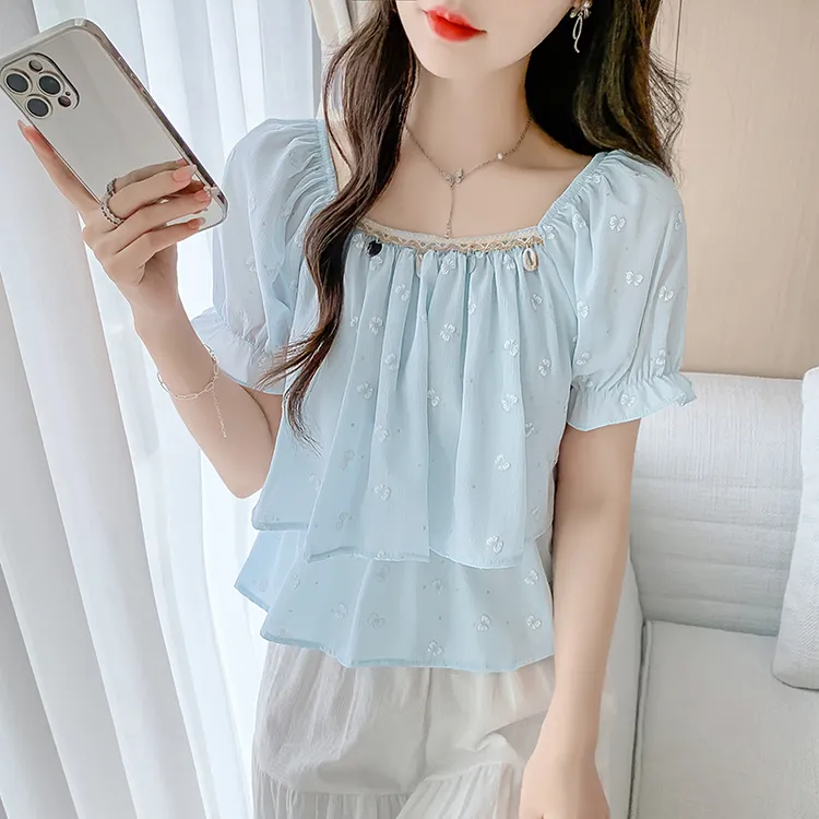 小个子甜美女装雪纺衫2025上衣夏季设计感宽松小衫洋气方领女衬衫