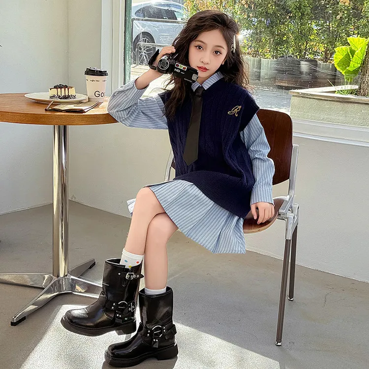 女童春秋韩系学院风套装2025新款6-12岁针织马甲背心衬衫连衣裙