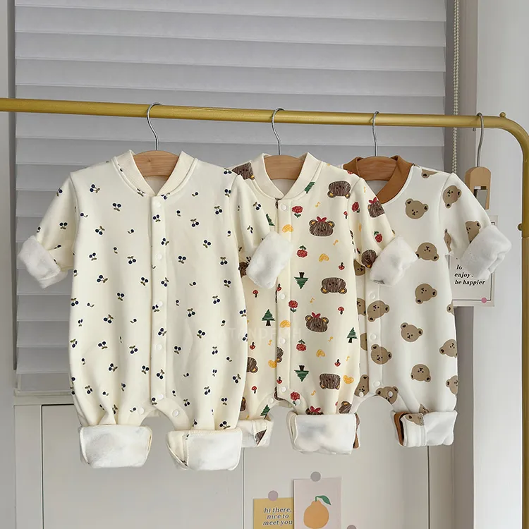 男童加绒开衫哈衣宝宝保暖加厚连体衣爬服新生婴儿秋冬装外穿睡衣