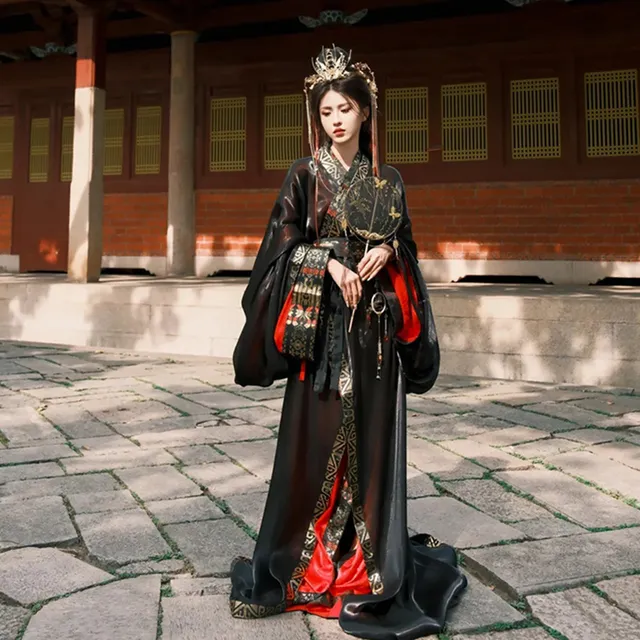 战国袍汉服女2025年袖新款黑色广夏季舞蹈仙侠古风古装演出服套装