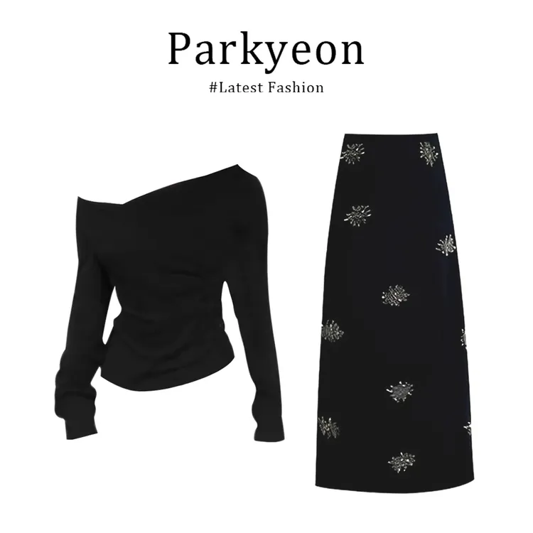 parkyeon韩系时尚风不规则针织衫高腰修身碎花半身裙早秋两件套女