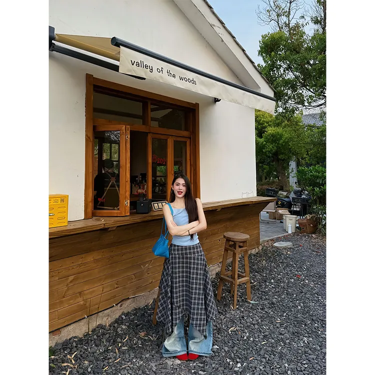 绝美时尚设计感套装无袖圆领T恤格子不规则裙摆半身裙百搭阔腿裤