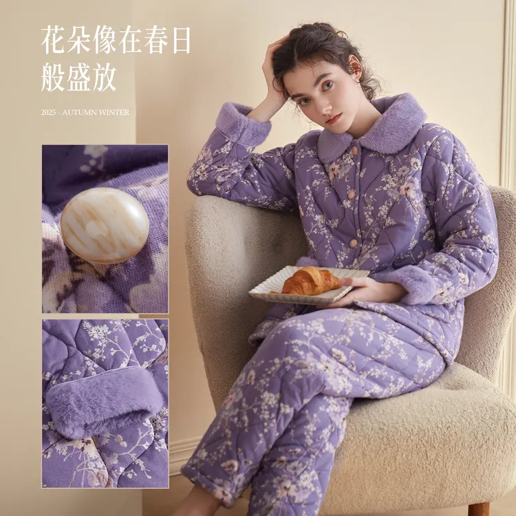 秋鹿针织单面印花三层夹棉扣领加厚琐温女套保暖冬季家居服