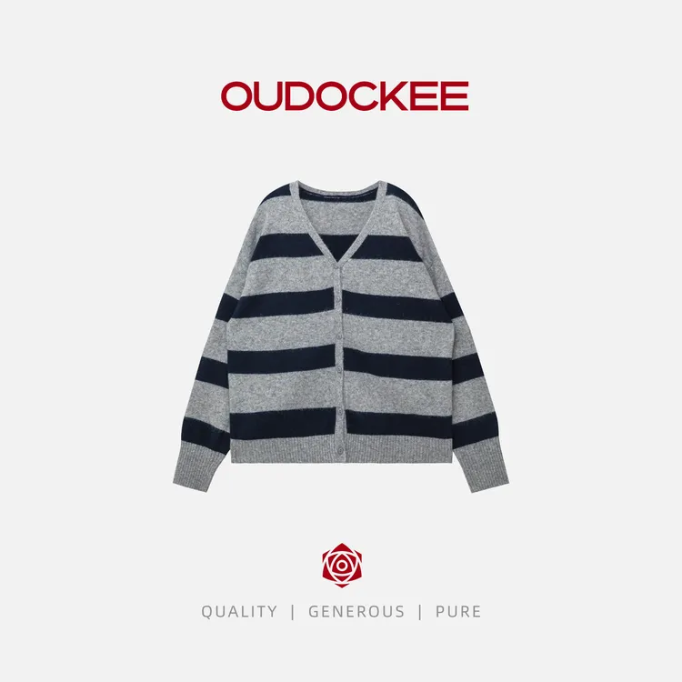 OUDOCKEE 鸥鸥【绵羊毛】韩系时髦撞色条纹V领带围巾针织开衫 3423
