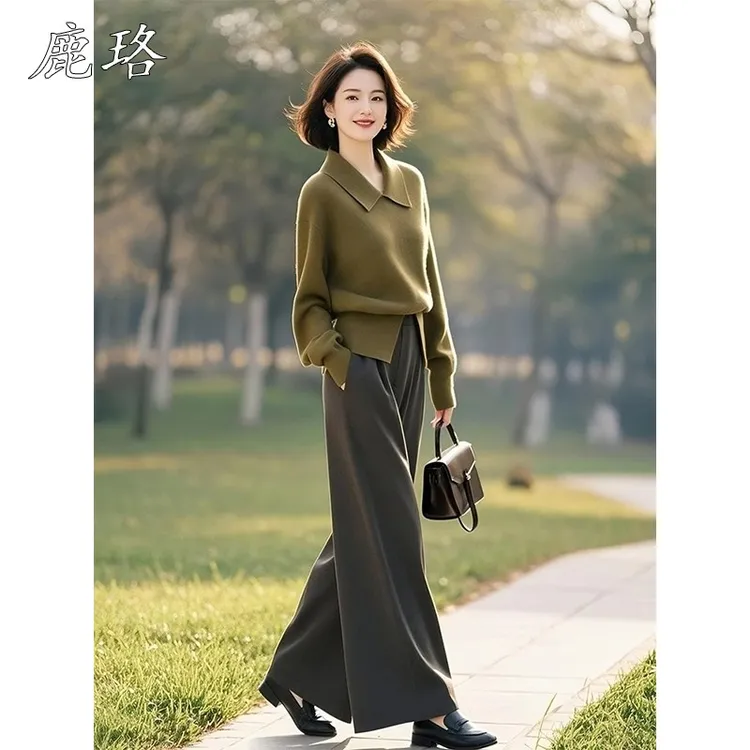 2025超火春装一整套气质高级感独特漂亮绿色针织衫休闲裤子套装女