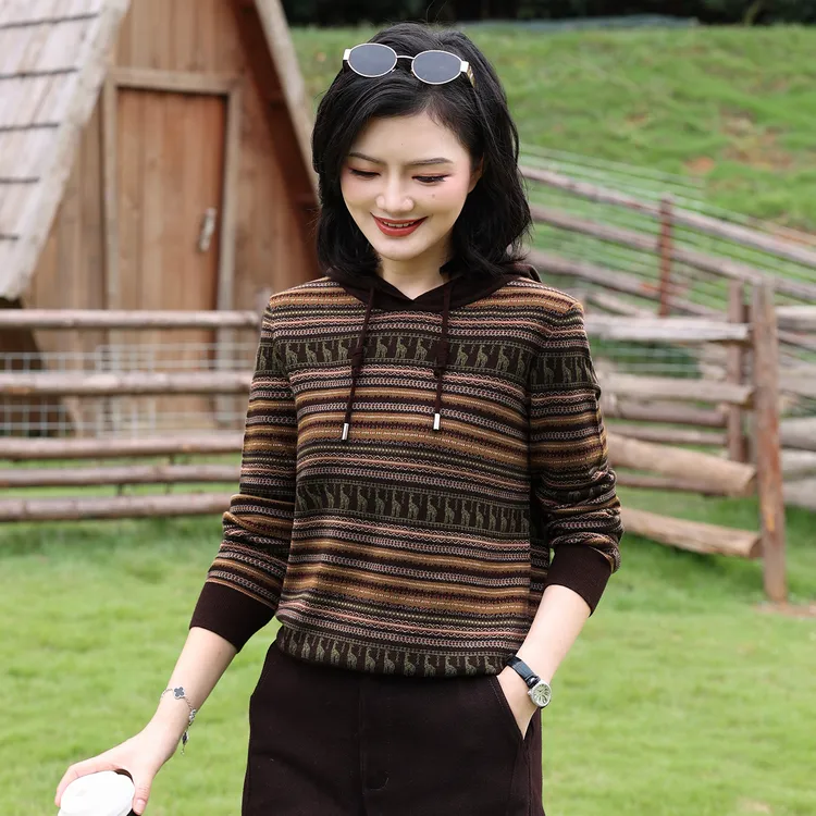 枫竺阿楠anan连帽拼接休闲条纹提花羊毛针织衫女秋冬通勤保暖毛衣