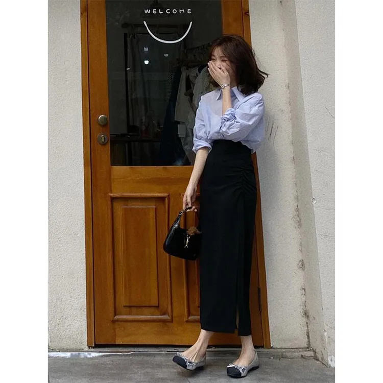 时尚百搭蓝色衬衫上衣显白减龄搭配高腰长款半裙两件套女时髦气质