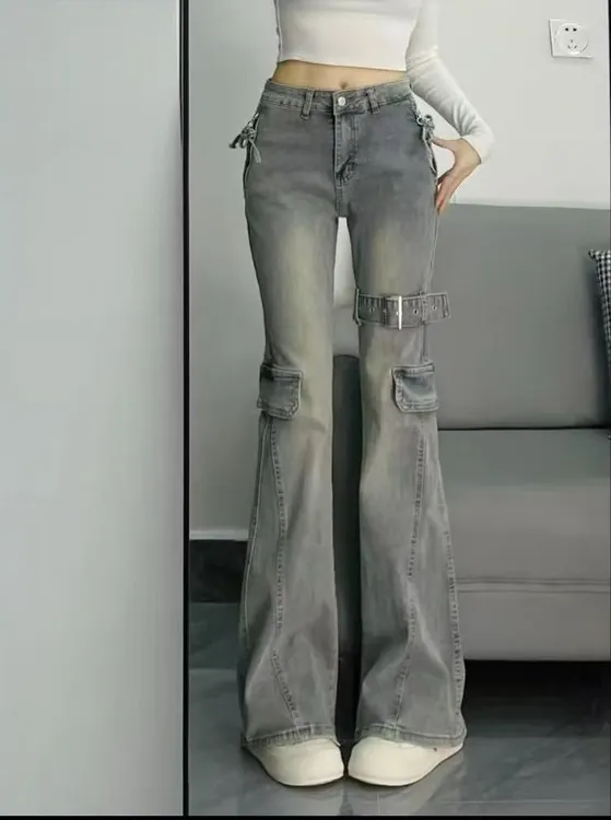 爆款微喇牛仔裤女2025春秋蝴蝶结绑带高腰显瘦拖地工装喇叭长裤潮