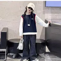 【开学季福利】秋季女中儿童韩版简约假两件长袖格子裤时尚套装