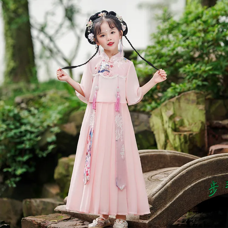 花神汉服女童2025新款夏装中国风古装连衣裙超仙儿童假两件套唐装