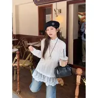 白色立领蕾丝衫女设计感拼接打底衫中长款宽松上衣复古长袖百搭