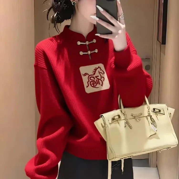 新中式国风盘扣白马红色针织毛衣女款2025新款冬季本命年马年衣服