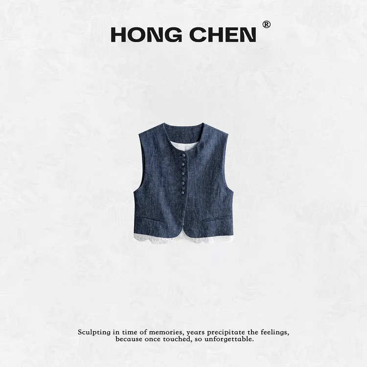 【虹辰】高端时尚进口亚麻纯棉蕾丝内里优雅百搭高级感马夹--HC2197