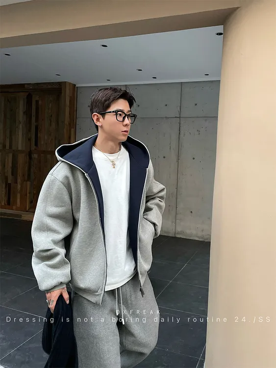 双拉链廓形重磅开衫卫衣男秋冬美式oversize潮牌宽松连帽男式外套