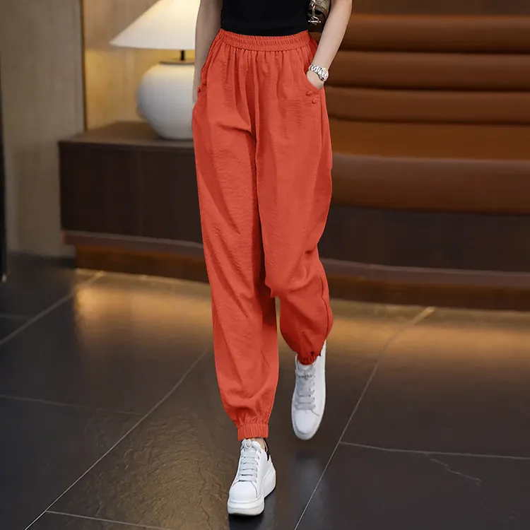 外穿冰丝休闲束腿裤女2025夏季薄款高腰垂感小个子九分纯色灯笼裤