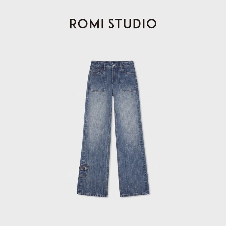 ROMI STUDIO“复古格调”渐变洗水无弹中腰微喇牛仔裤RWCAX86965