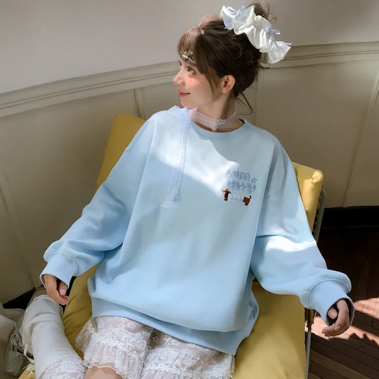 森女部落甜美蓝色腊肠狗刺绣卫衣女百搭宽松长袖上衣2025新款秋季