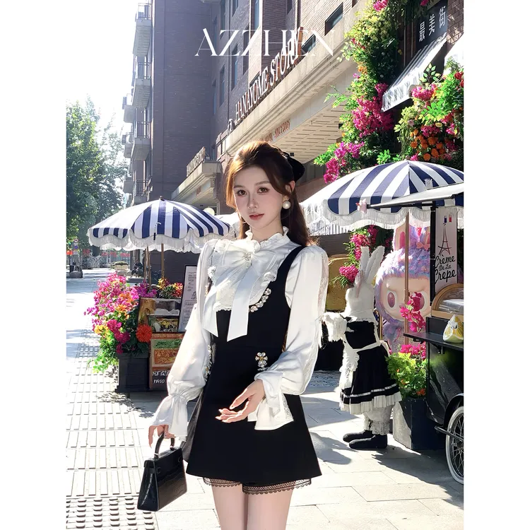 AZZHEN一周年10/18-10/20【星钻折角腰】羊毛定制撞色水钻背带裙