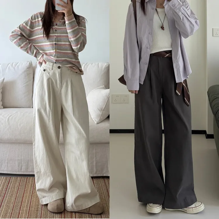 日系窄版杏色水洗棉直筒工装裤女秋季新款大码胖mm宽松阔腿休闲裤