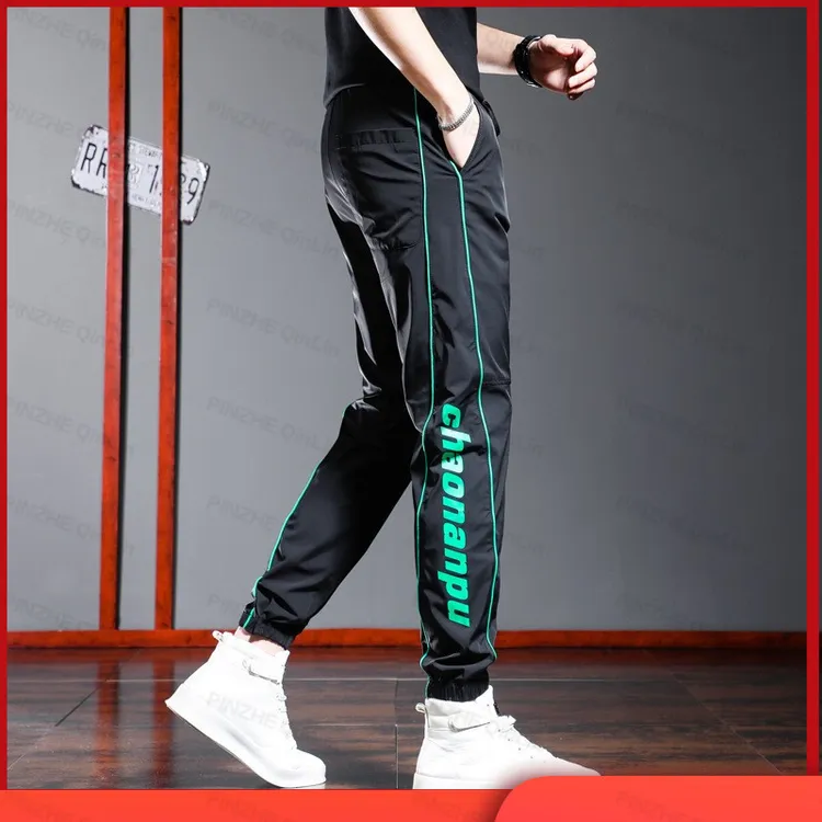 潮牌夏季冰丝运动裤男高端印花潮流修身速干哈伦裤子束休闲长裤