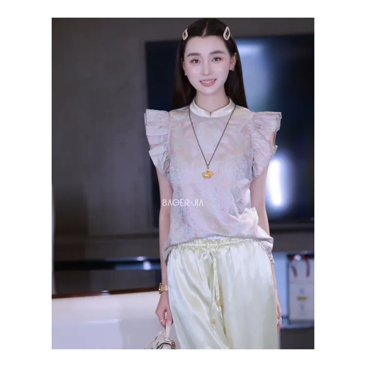 国潮-宝儿家含幂BK105825205夏季国风新中式转运瑞兔花瓣袖上衣