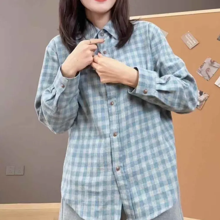 【海盐蓝格】超显白～磨毛棉刺绣爱心衬衫女宽松软糯厚款polo领小衫