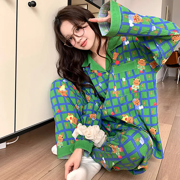 2025年新款圣诞绿格纹小熊长袖睡衣女春秋季家居服秋款可外穿套装
