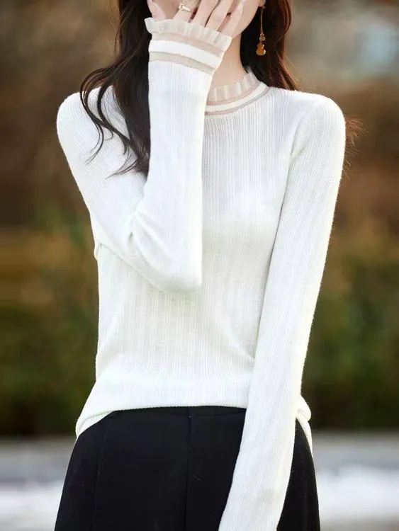 半高领蕾丝花边精纺羊毛针织抽条显瘦减龄打底衫女百搭时尚上衣