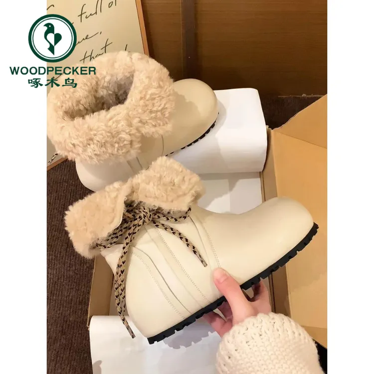 啄木鸟内增高两穿厚底雪地靴女冬美拉德小短靴加绒保暖毛毛棉鞋子