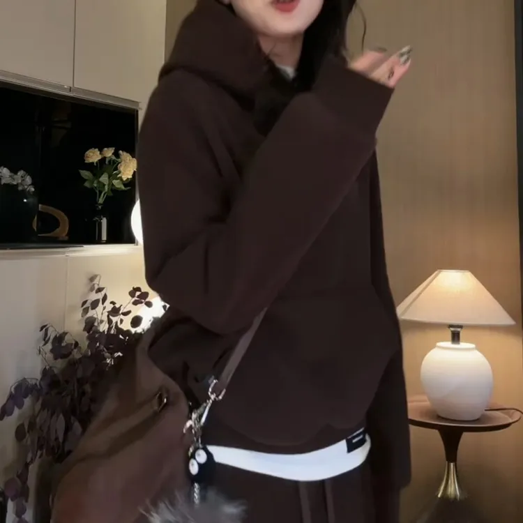 设计感复古美拉德色系加绒气质百搭连帽设计套头女卫衣LK2507610