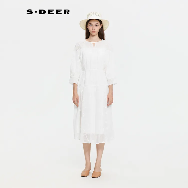 S·DEER圣迪奥秋季清纯白色法式优雅提花蕾丝长袖连衣裙S253Z1214