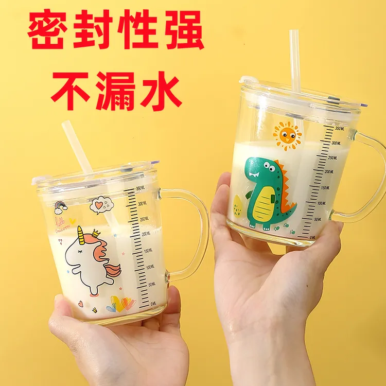 刻度吸管玻璃杯子加厚耐热牛奶杯带盖透明宝宝大容量可微波水杯