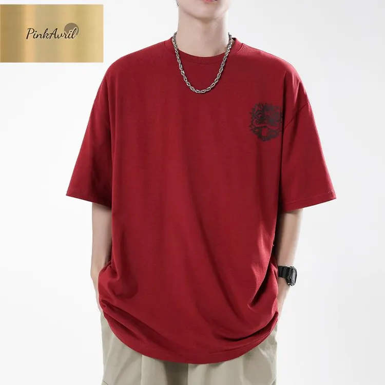PinkAvril国潮中国红醒狮短袖t恤男生夏季休闲半袖2024新款打底衫