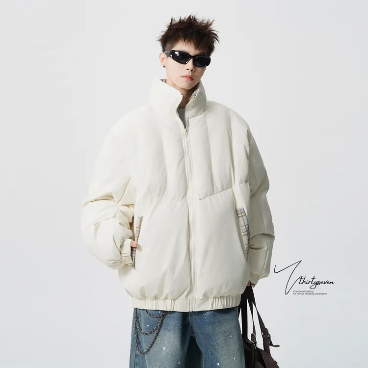 V37美式cleanfit吐司方格面包服男冬季高街复古立领棉衣加厚外套