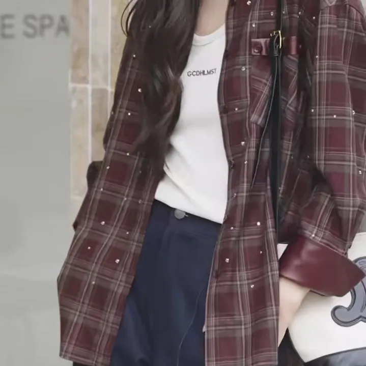 GD*格子长袖衬衫女蛋白皮烫钻专柜正品25AC1020简约休闲宽松衣