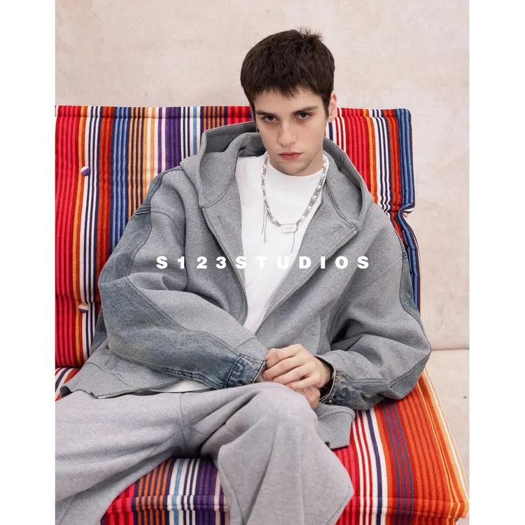 聪明陈冬季设计感羽绒内胆牛仔拼接连帽羽绒服男90白鸭绒卫衣外套