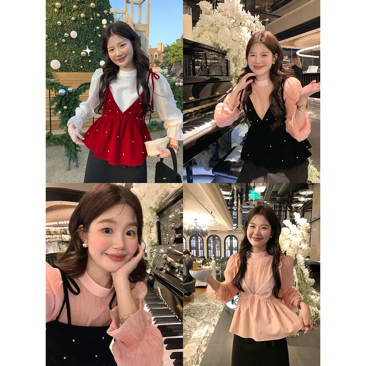 火火火【限定氛围】韩系氛围感珍珠v领丝绒吊带上衣D39991HH54