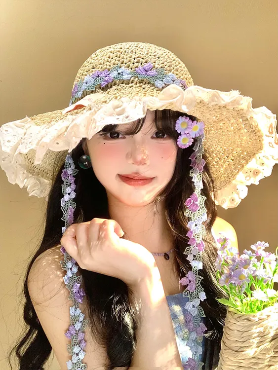 甜美碎花飘带草帽女夏海边度假风大帽檐遮阳防晒帽可折叠太阳帽子